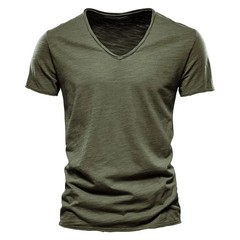 Brand Quality 100% Cotton Men T-shirt V-neck Fashion Design Slim Fit Soild Male