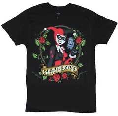 Harley Quinn (DC Comics) Mens T-Shirt – Classic Mad Love Rose Circled Harley