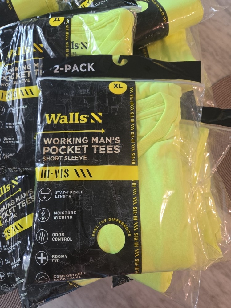 NEW Walls Short Sleeve Working Man’s Pocket Tees 2 Pack XL Hi-Vis Yellow