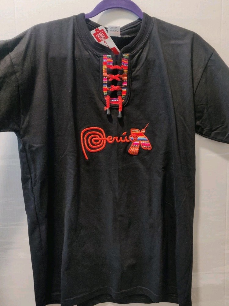 NWT Peru Souvenir Nazca Geoglyph Bird Shirt Lace Collar Peruvian Large