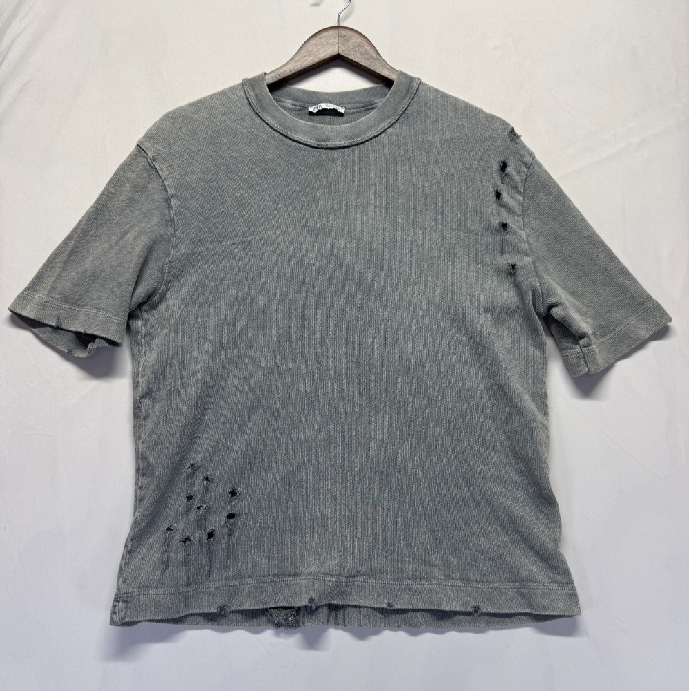 Zara T Shirt Mens Small Heather Gray Ribbed Knit Distressed Crew Neck Casual