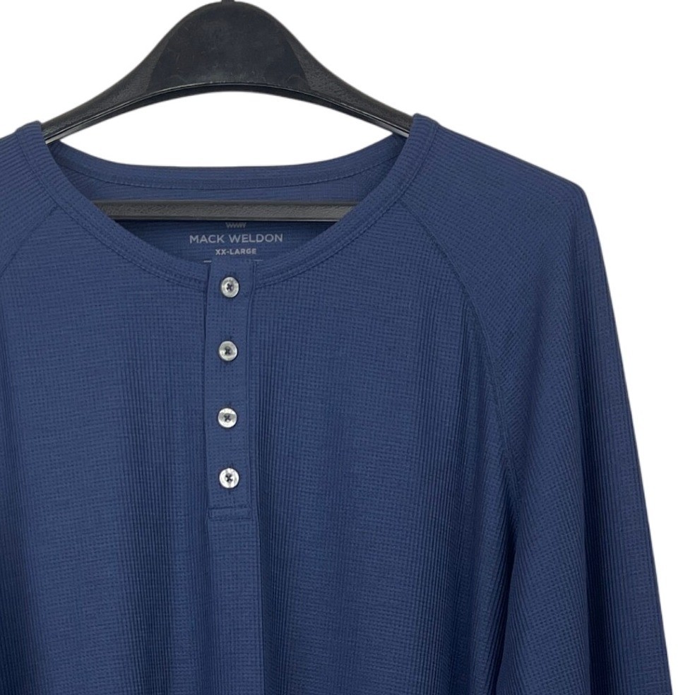 Mack Weldon Thermal Waffle Henley Mens XXL Long Sleeve Shirt Wicking Wool Blue
