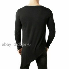 Mens Asymmetric Slit Hem Summer T-shirt Top Tee Long Sleeve Pullover Shirt Hot