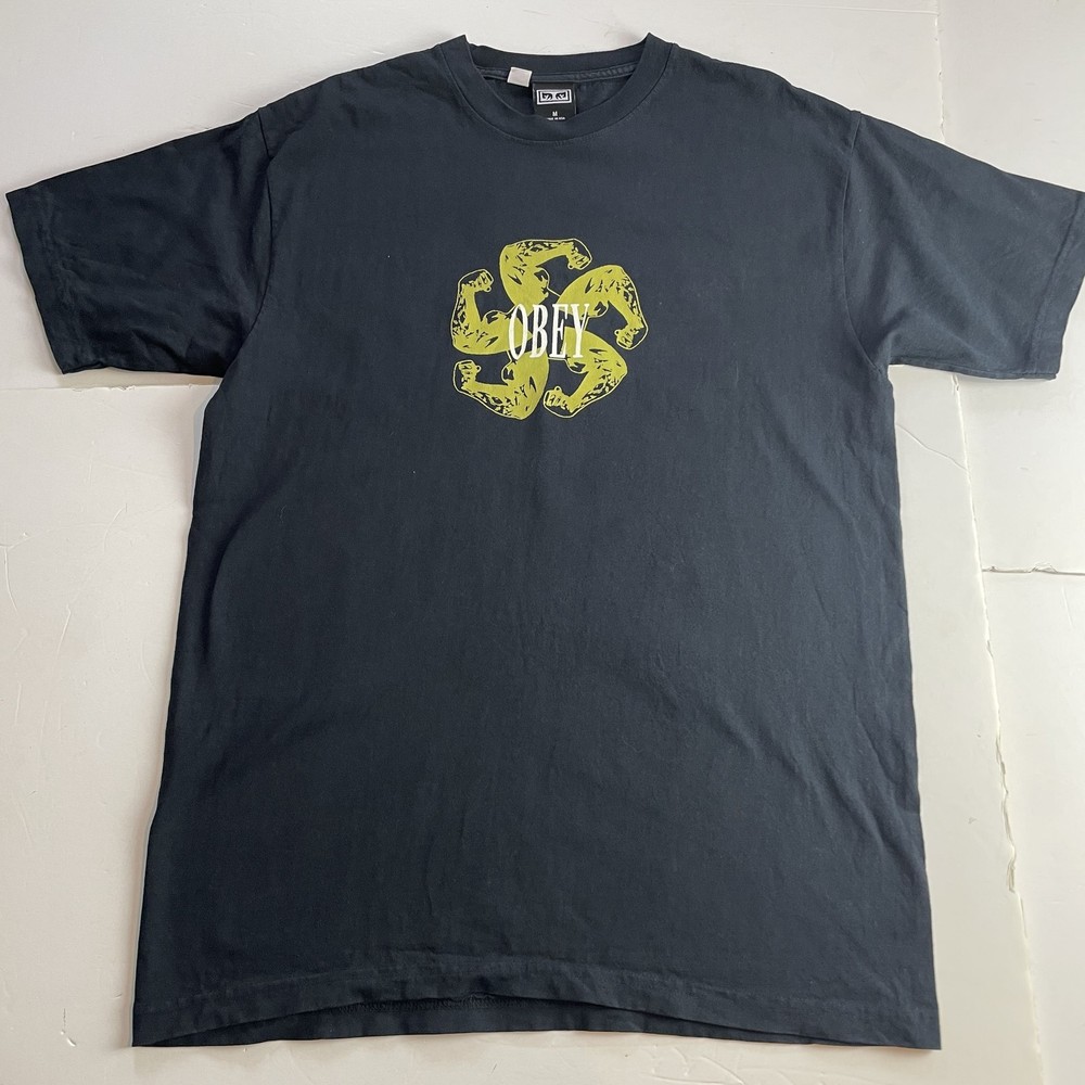 Obey Mens Black Muscle Print Front Back Cotton T-Shirt Size Medium Made In USA