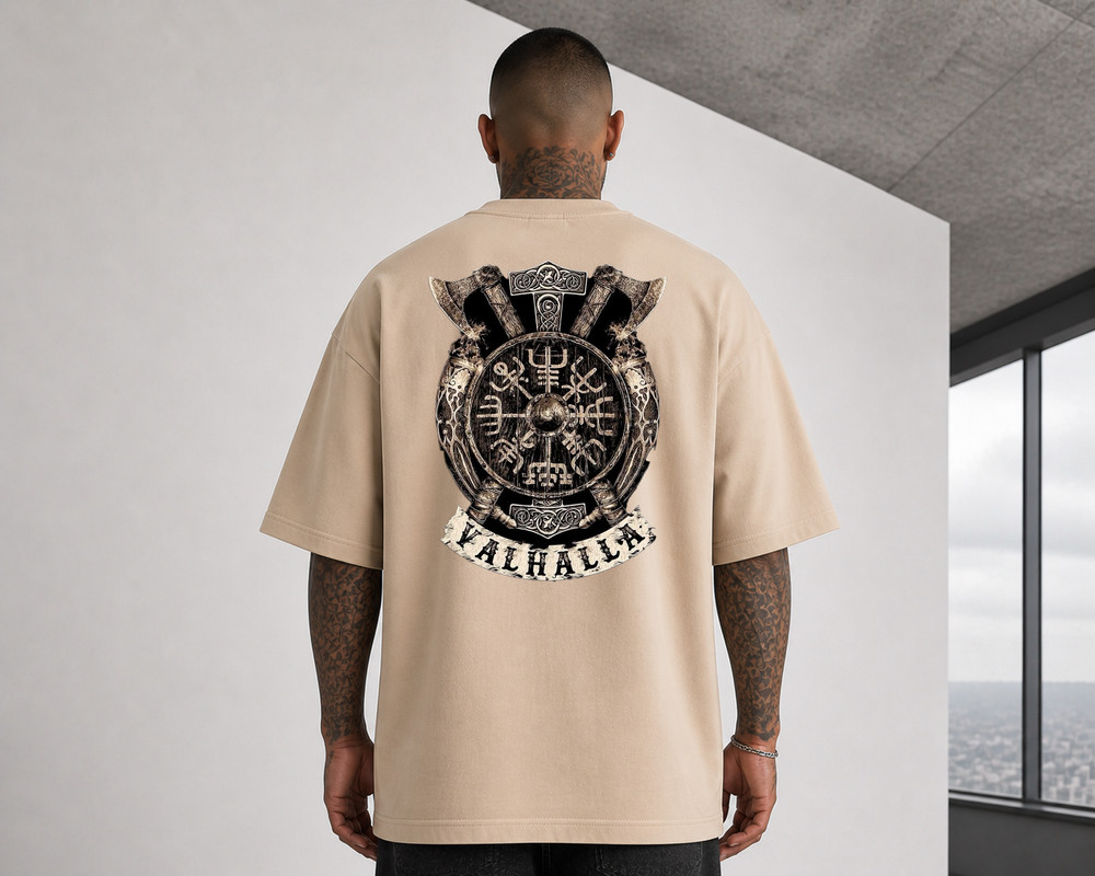 Viking Valhalla Graphic T-Shirt Norse Warrior Axe Shield Oversized Cotton Tee
