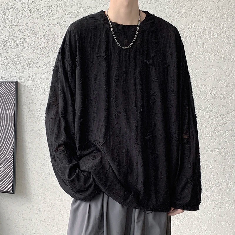 Men’s Distressed Hole Long Sleeve T-Shirt Hip Hop Oversized Harajuku Streetwear