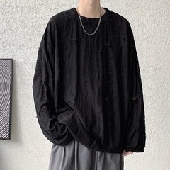 Men’s Distressed Hole Long Sleeve T-Shirt Hip Hop Oversized Harajuku Streetwear