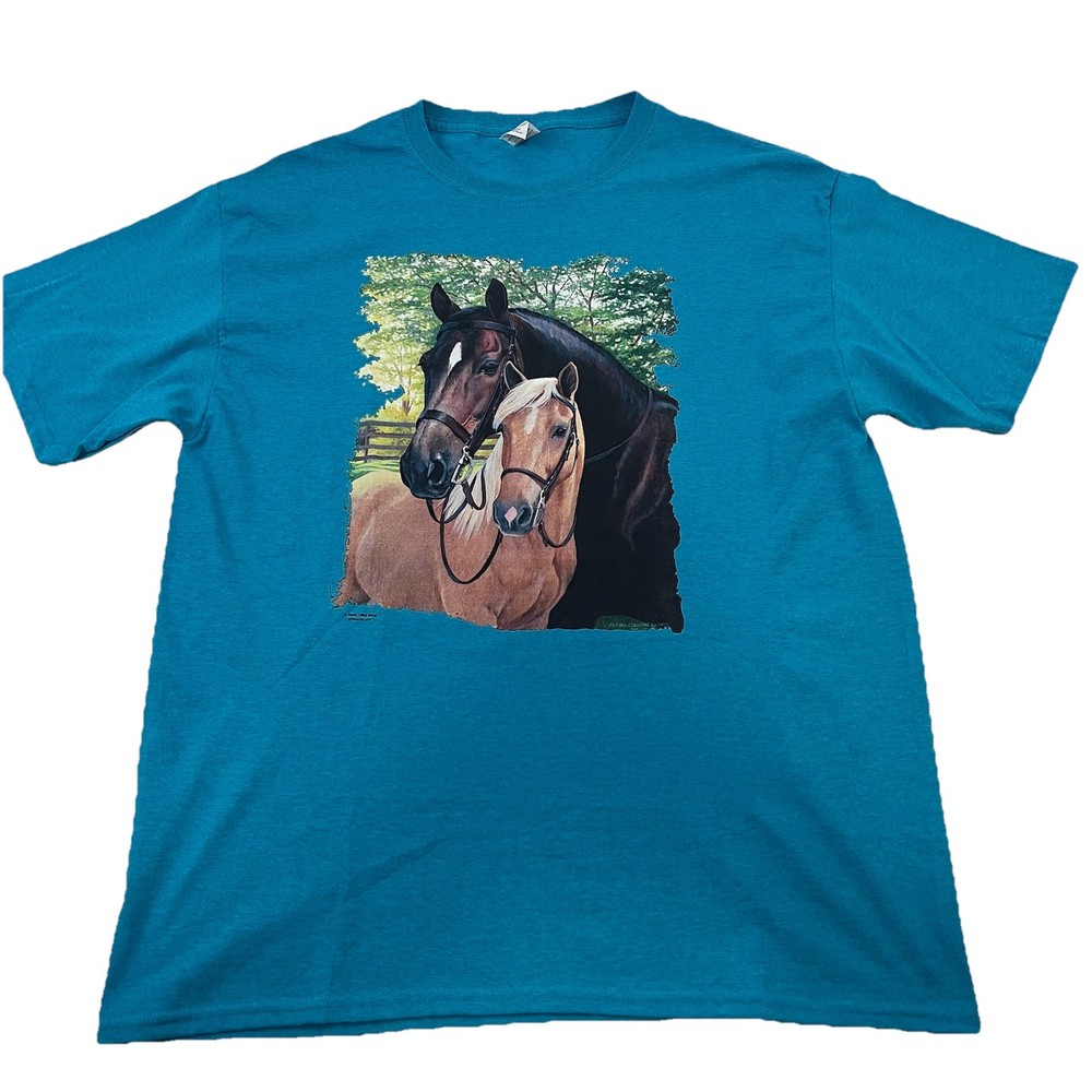 Fruit Of The Loom Iron On Horse Pony T-Shirt Large Blue Short Sleeve Tee 9518