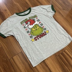 Dr. Seuss Grinch Stink Stank Stunk Graphic Ringer Gray/Green T-Shirt XL/XG