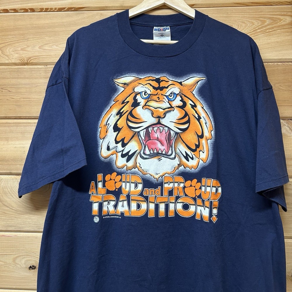 Vintage 90s Clemson Tigers Mascot Navy Graphic T Shirt Collegiate Size XXL