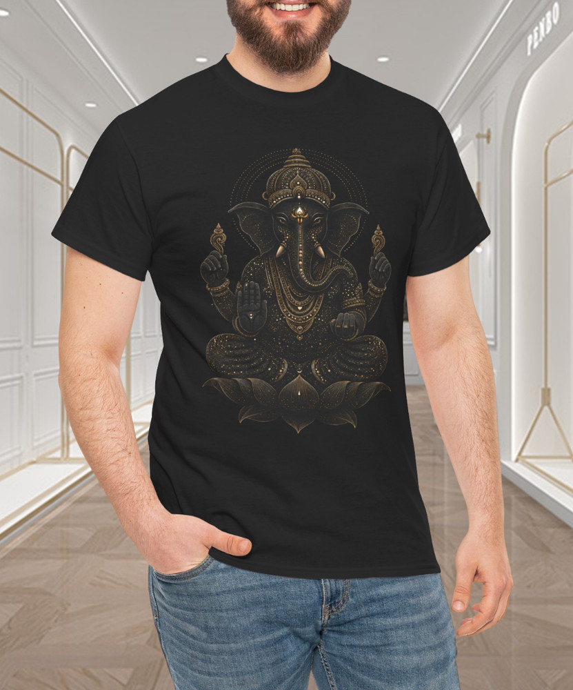 Ornate Ganesha Gold Black Hindu Elephant God Graphic T-Shirt