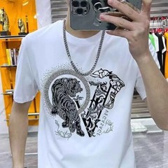 New Fashion Trend Tiger Hot Diamonds Rhinestones Summer Luxury Men T-Shirt