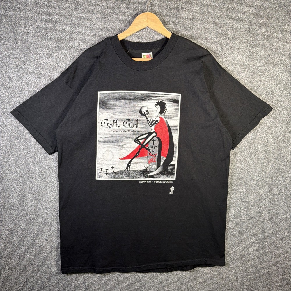 Vintage Goth Girl Shirt Mens XL Black 90s James Cook Fashion Victim Darkness USA