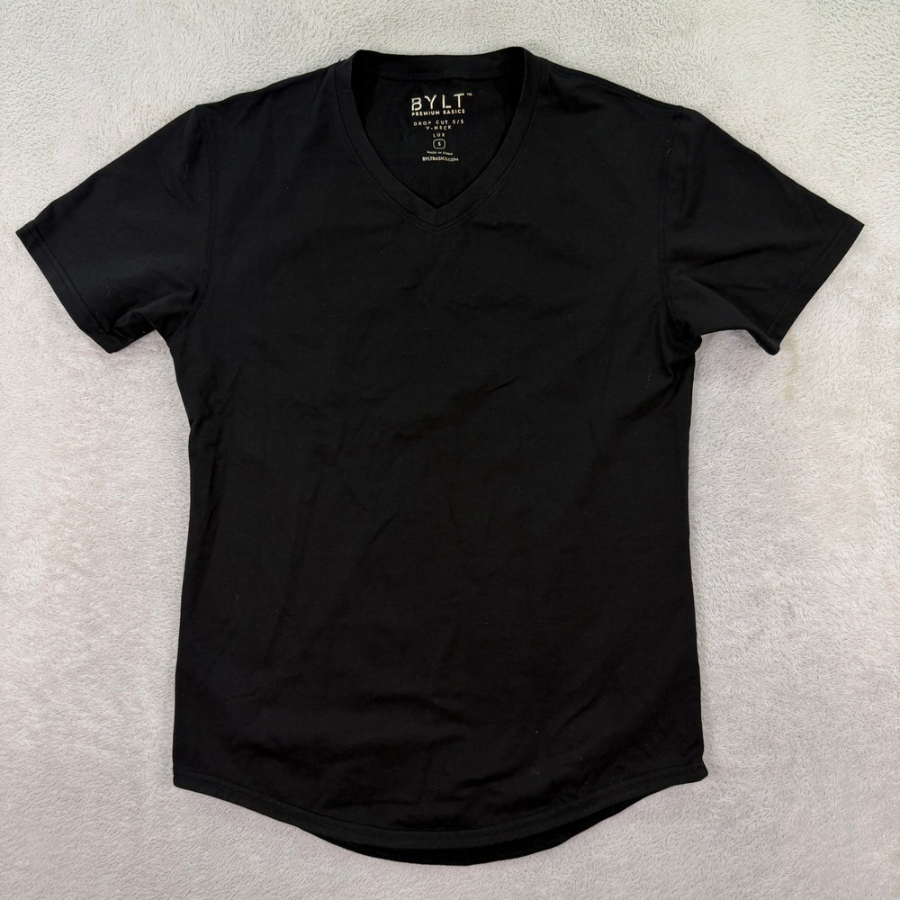 BYLT Mens Small Drop Cut V-Neck T-Shirt Black LUX Blend Athletic Fit Tee S/S