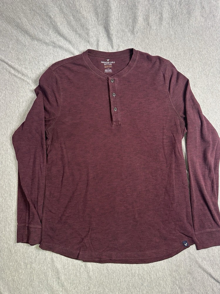 American Eagle Active Flex Men’s Burgundy Solid Cotton Knit Henley Tee Sz L