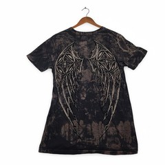 Affliction T-Shirt Mens Medium Black V-Neck Angel Wings Cross Bleach Wash Y2K M