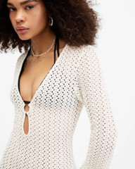 All Saints Womens Karma Crochet Maxi Dress Designer Chalk Slim Fit Long Sleeve