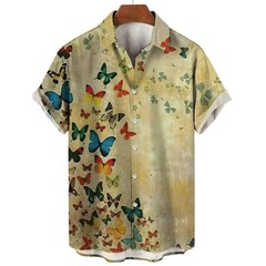 Mens Button Down Colorful Butterfly Print Hawaiian Top Novelty Summer Gift Shirt