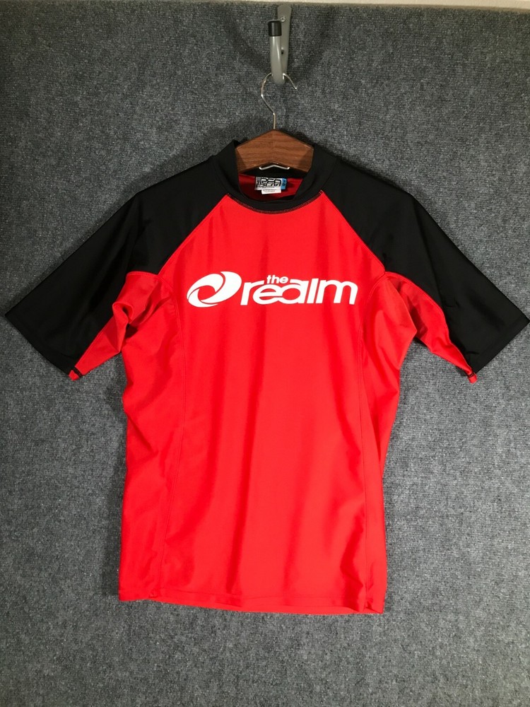 The Realm High Neck T Shirt Mens Medium Red Black Stretch Activewear Outdoor Tee