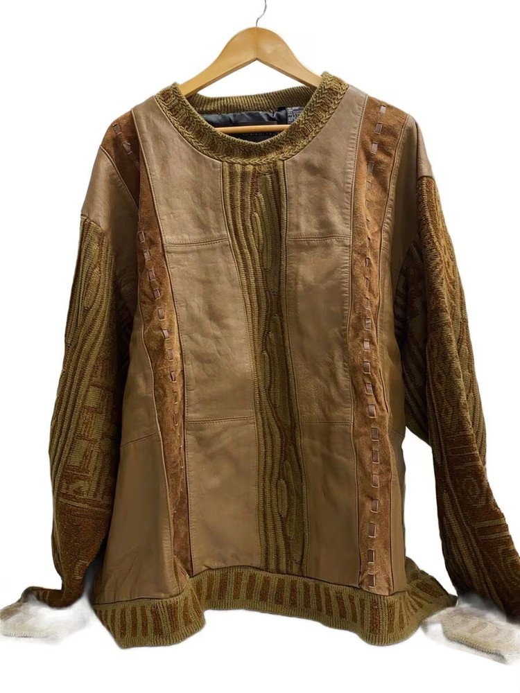 Other Brands: SAXONY Mixed-Material Knit 4XB Leather and Acrylic Brown All-Over