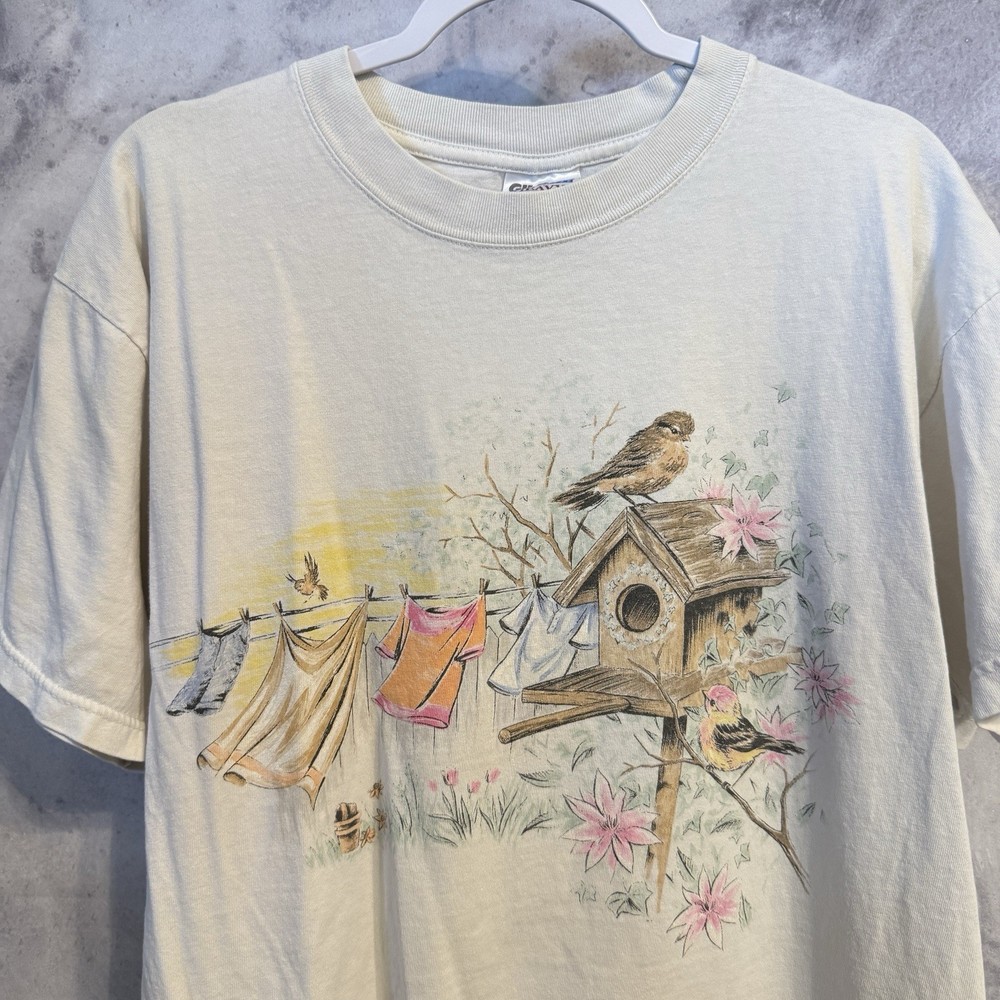 Vintage Bird House Nature T Shirt White Short Sleeve Graphic Tee Large L Y2K