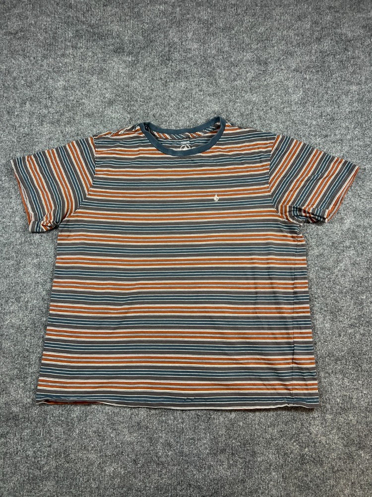 Volcom T Shirt Mens 2XL Multicolor Striped Cotton Modern Fit Logo Embroidered