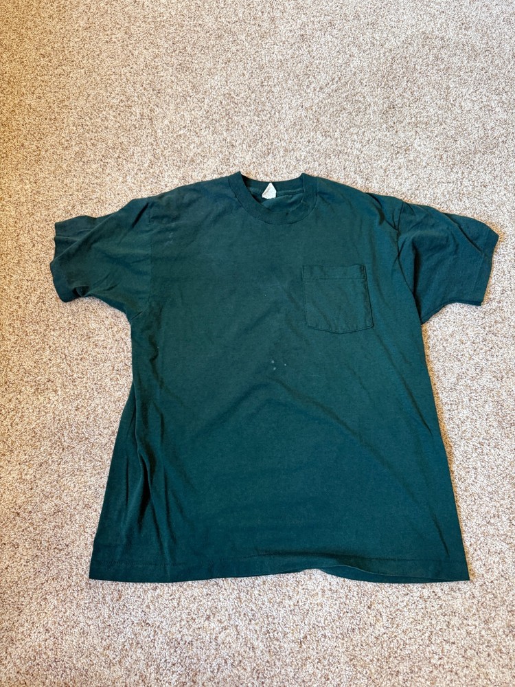 Vintage Dark Green Selvedge Pocket Blank T Shirt Single Stitch XXL FITS SMALLER