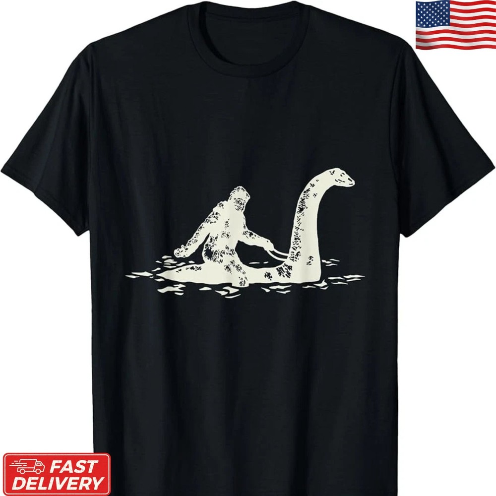Bigfoot Riding Loch Ness Monster T-Shirt Funny Sasquatch Cryptid Graphic Tee