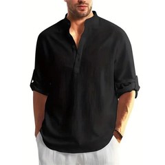 Autumn Men Cotton Linen Henley T-Shirt Lightweight Breathable Casual Top Gift