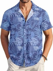 Men Casual Button Down Short Sleeve Textured Summer Beach Shirt with Pocket