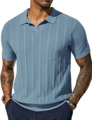 Mens V-Neck Knit Polo Shirt Textured Lightweight Breathable Summer Casual Top