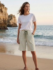 Women’s Faux Linen Striped Bermuda Shorts Casual Drawstring Elastic Waist Sum…