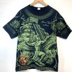 Yazbek Aztec Mayan Graphic T-Shirt Black Green Men Large All Over Print Mexico