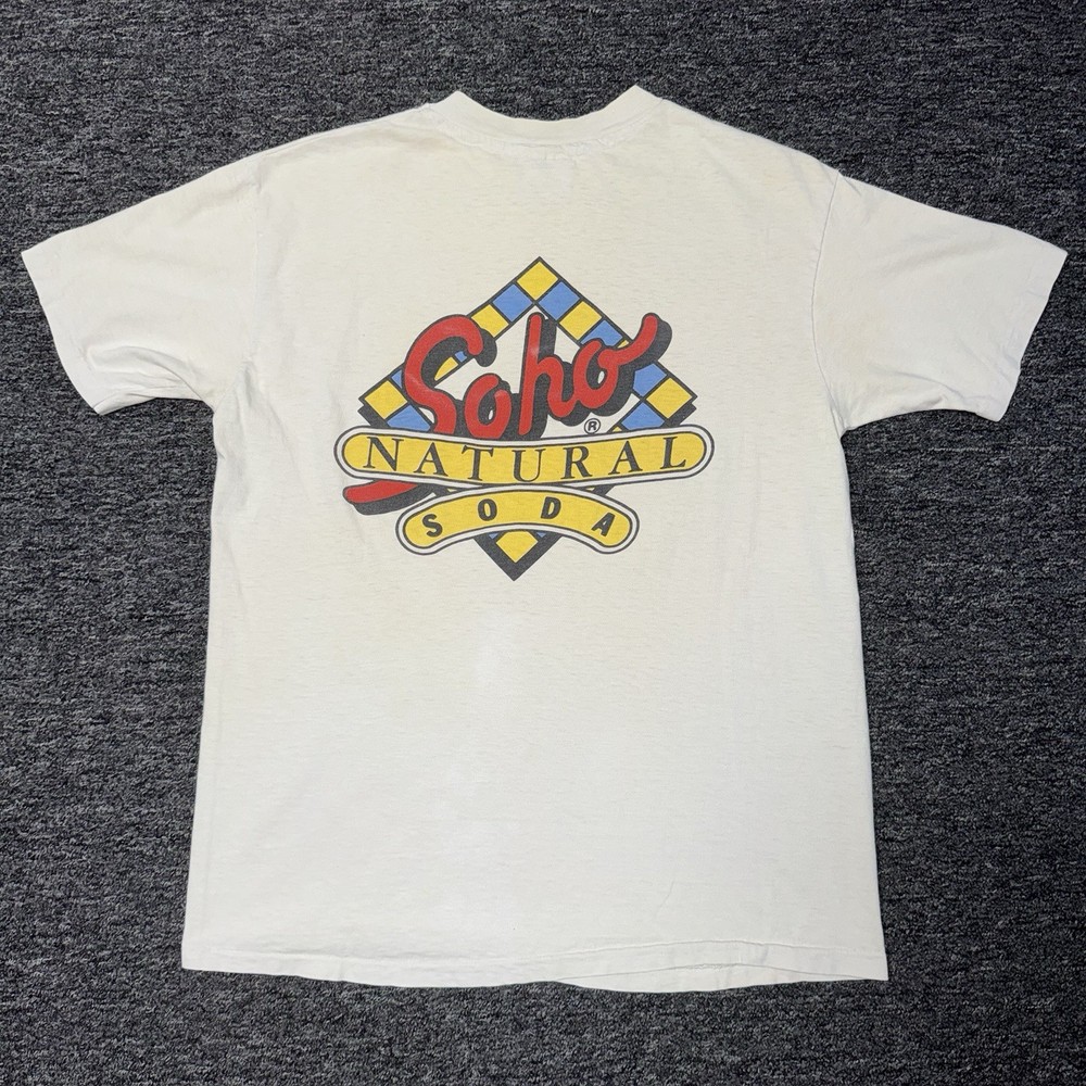 Vintage 90s RARE Soho Natural Soda White Single Stitch Promo T-Shirt Mens Sz L
