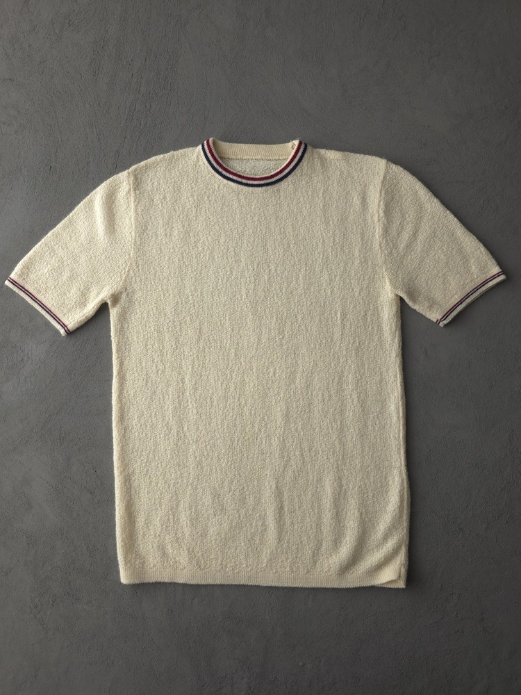 Vintage 1960s Cream Acrylic Knit Crewneck Ringer T-shirt Mod Beach Men’s S