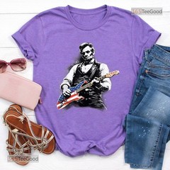 Abe Lincoln Playing Guitar T-Shirt, Funny President Musician Graphic Tee Shirt