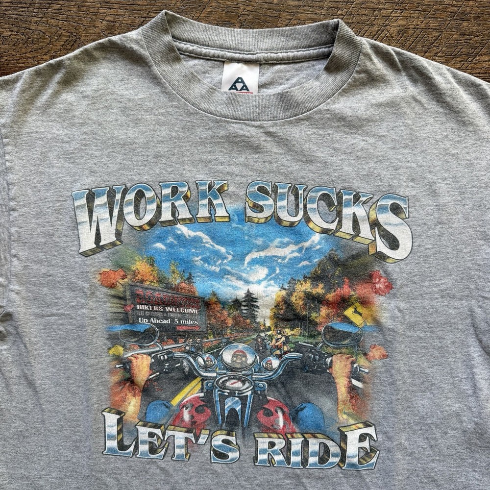 Vintage 2000’s Mens M Gray “WORK SUCKS LETS RIDE” Biker Rock Retro HDavid Tee