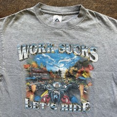 Vintage 2000’s Mens M Gray “WORK SUCKS LETS RIDE” Biker Rock Retro HDavid Tee