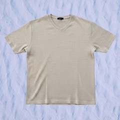 Alfani Mens L Beige Ribbed V-Neck T-Shirt Short Sleeve Cotton
