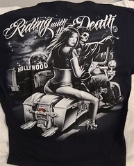 SKELETON SEXY WOMAN MOTORCYCLE BIKER RIDING WITH DEATH HOLLYWOOD T-SHIRT SHIRT