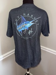 GUY HARVEY AFTCO Shirt Classic Fit Medium Dark Grey Blue Marlin Graphic Fishing