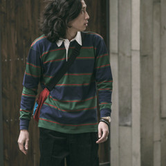 NON STOCK Retro Men Long Sleeve Shirts Collar Casual Striped Button-Up Collar