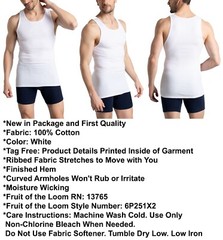 6 White 2XL 50-52 Inch A-Shirt Tanks Fruit Of The Loom 2EG 127-132 CM