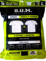 BUM 5x Value Pack Men’s T-shirts, Cotton (3 White, 1 Gray, & 1 Black), Large