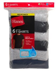 Hanes 6-pack Mens T-Shirt Moisture-Wicking Cotton Crewneck Tees Black, Gray XL