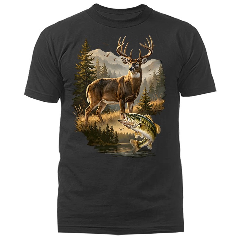 Deer & Bass Wilderness Hunting Fishing Wildlife T-shirt