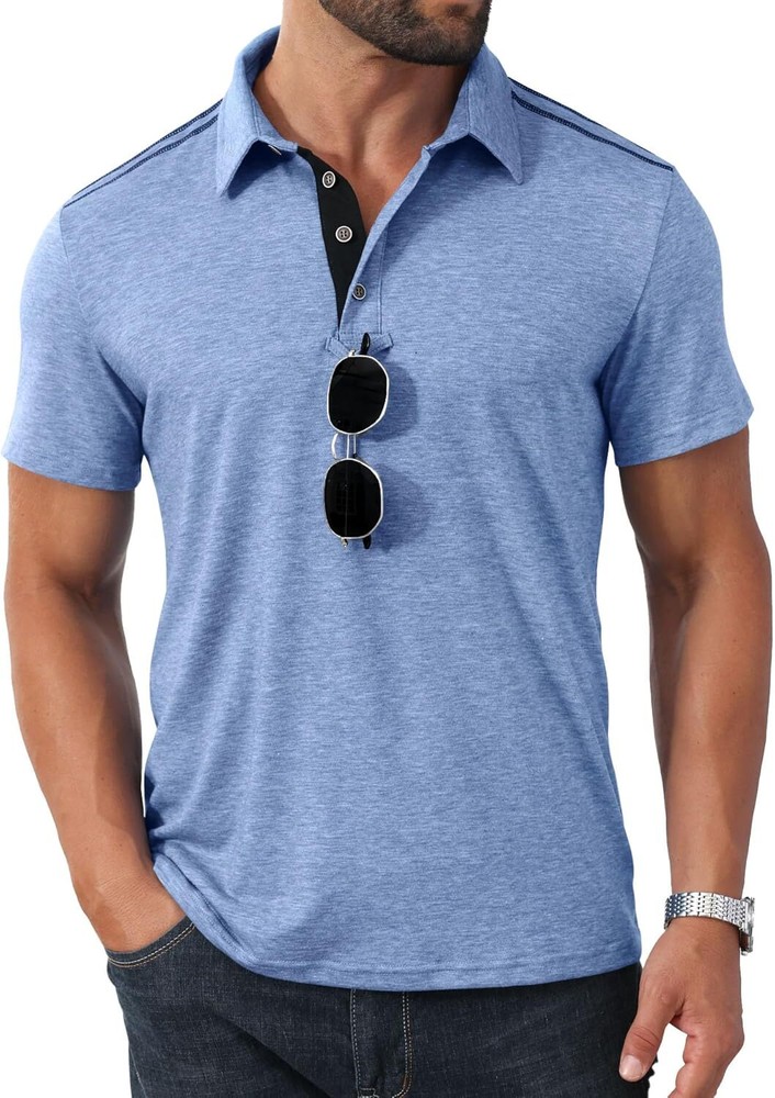 Men’s Button-Down Polo Shirt – Short Sleeve Slim Fit -Contrast Color Golf Casual