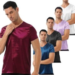 US Men Satin Silk Short Sleeve V-Neck T-Shirt Tee Blouse Nightwear Sleepwear