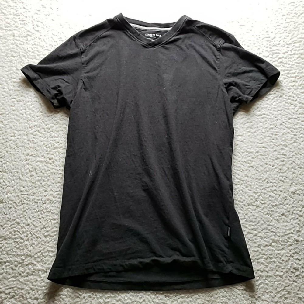 Kenneth Cole Shirt Mens Medium Black Solid V-Neck Tagless Stretch Jersey Tee
