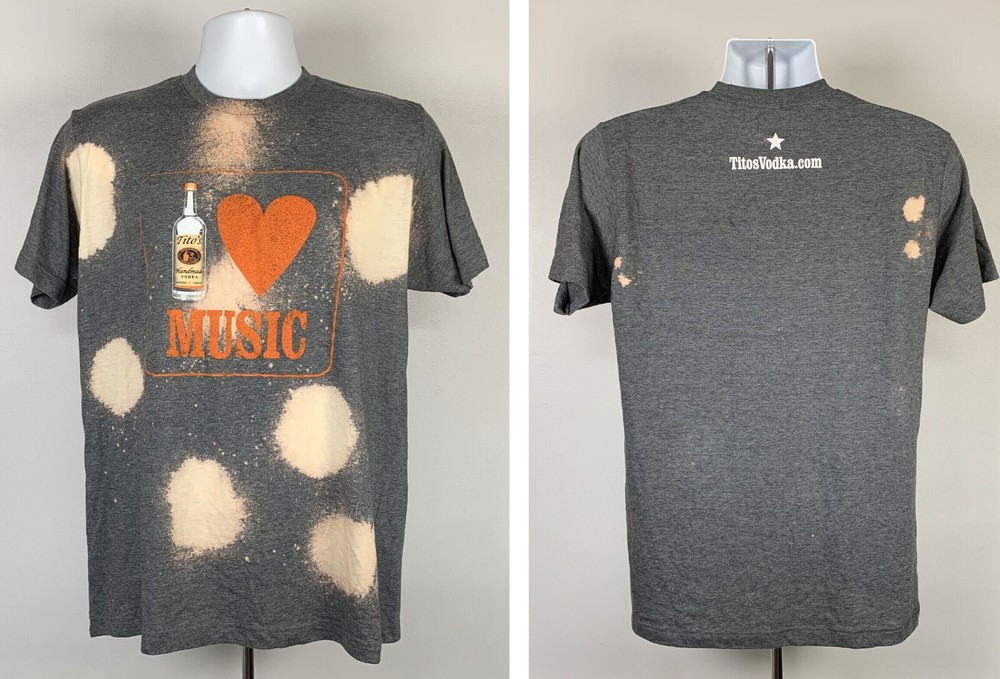 Tito’s Vodka Heart I Love Music T Shirt Mens Large Poly cotton Blend Spotted